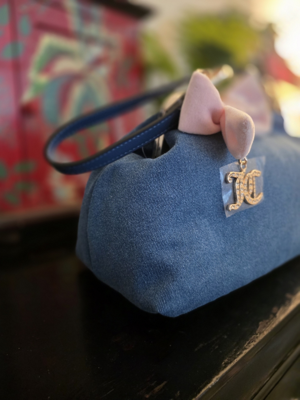 Juicy Couture Elegant Denim Kiss Lock Top Handle Bag with Pink Bow - Picture 9 of 10
